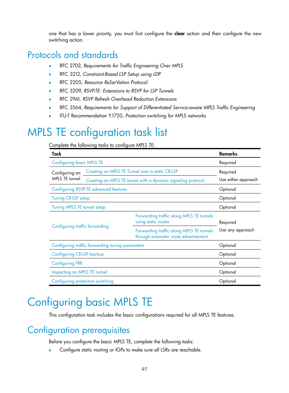 Protocols and standards, Mpls te configuration task list, Configuring basic mpls te | Configuration prerequisites | H3C Technologies H3C S10500 Series Switches User Manual | Page 108 / 395