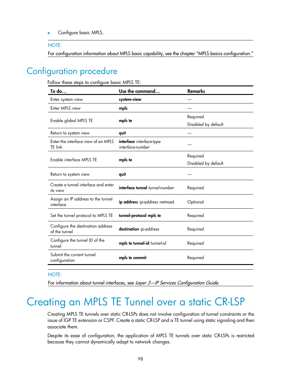 Configuration procedure, Creating an mpls te tunnel over a static cr-lsp | H3C Technologies H3C S10500 Series Switches User Manual | Page 109 / 395