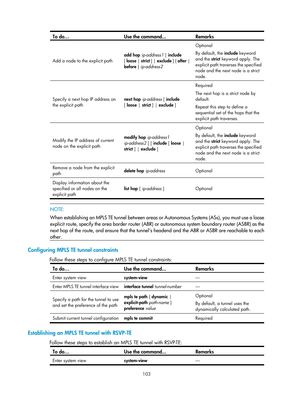 Configuring mpls te tunnel constraints, Establishing an mpls te tunnel with rsvp-te | H3C Technologies H3C S10500 Series Switches User Manual | Page 114 / 395