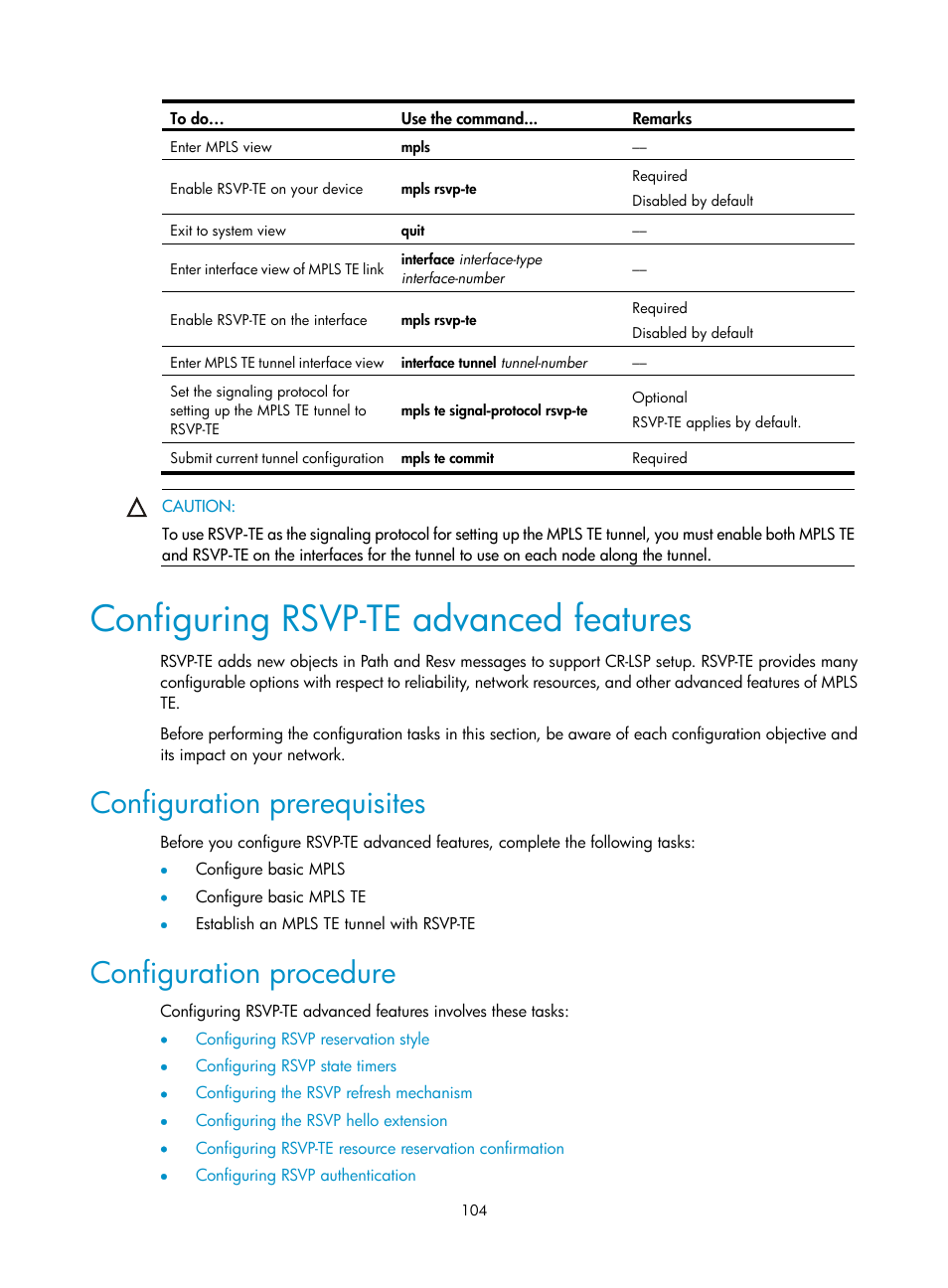 Configuring rsvp-te advanced features, Configuration prerequisites, Configuration procedure | H3C Technologies H3C S10500 Series Switches User Manual | Page 115 / 395