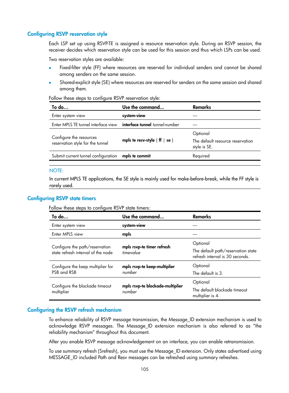 Configuring rsvp reservation style, Configuring rsvp state timers, Configuring the rsvp refresh mechanism | H3C Technologies H3C S10500 Series Switches User Manual | Page 116 / 395