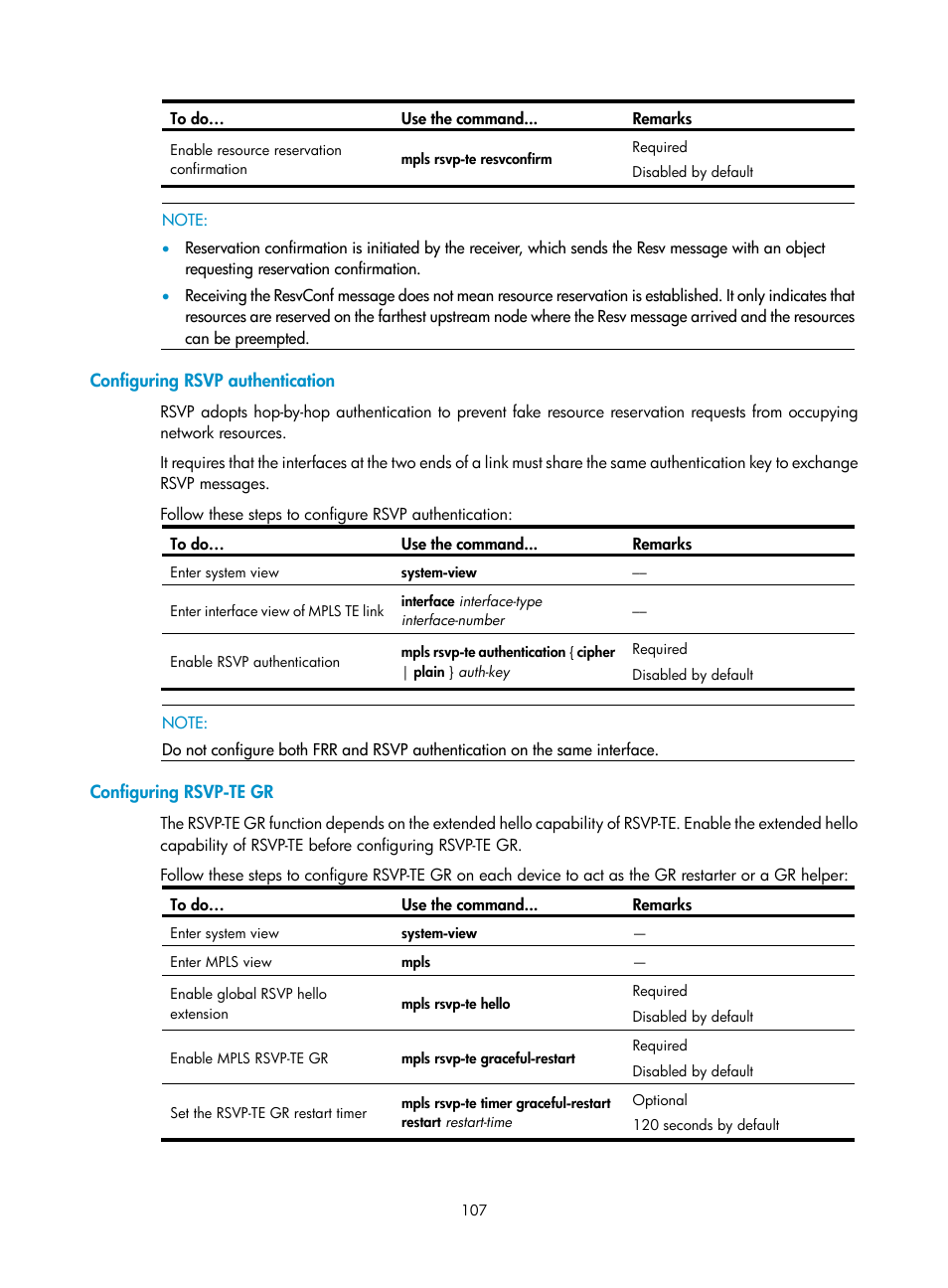 Configuring rsvp authentication, Configuring rsvp-te gr | H3C Technologies H3C S10500 Series Switches User Manual | Page 118 / 395