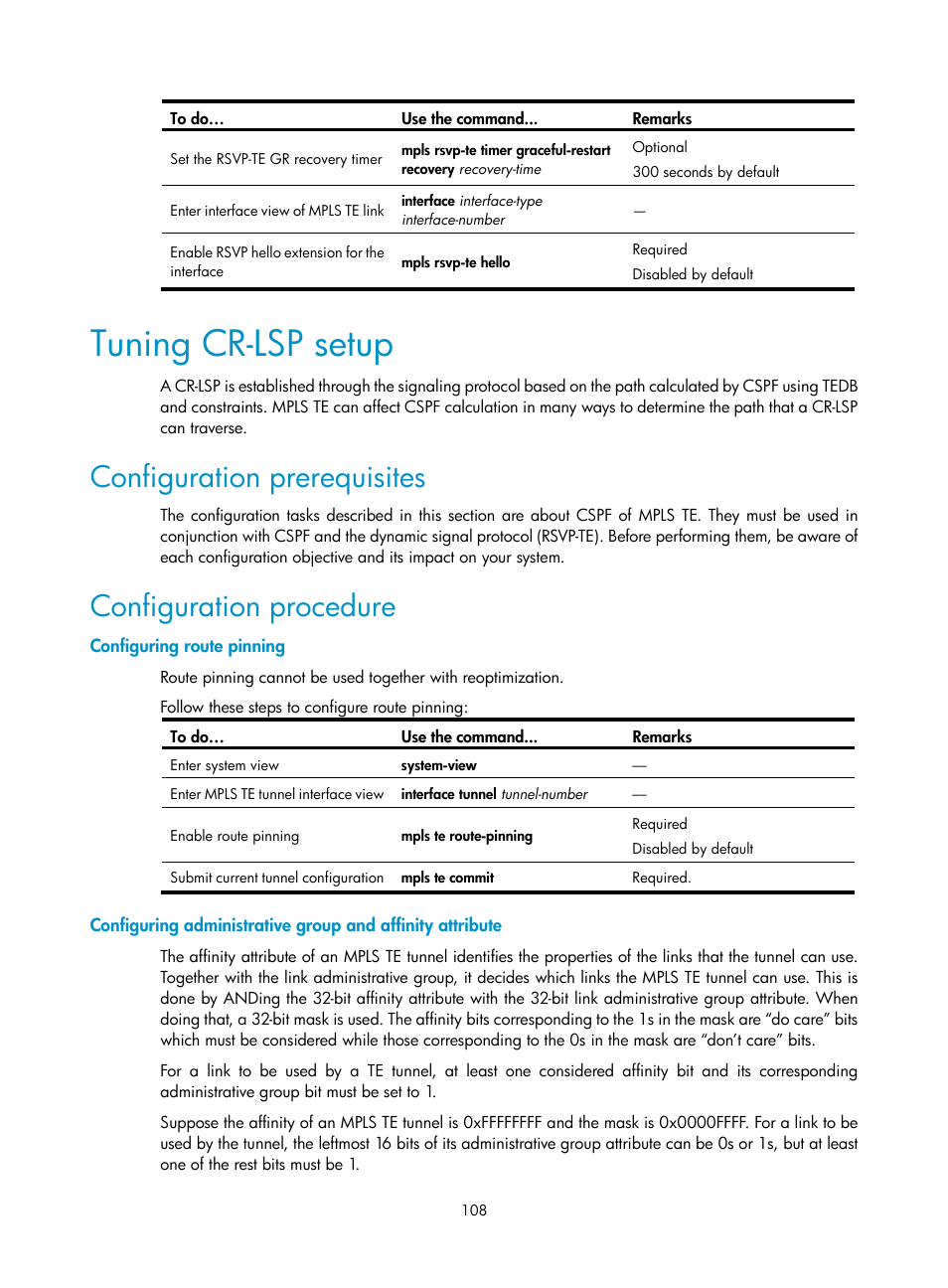 Tuning cr-lsp setup, Configuration prerequisites, Configuration procedure | Configuring route pinning | H3C Technologies H3C S10500 Series Switches User Manual | Page 119 / 395