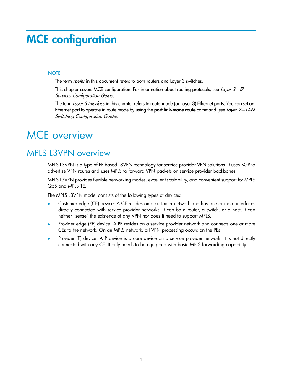 Mce configuration, Mce overview, Mpls l3vpn overview | H3C Technologies H3C S10500 Series Switches User Manual | Page 12 / 395