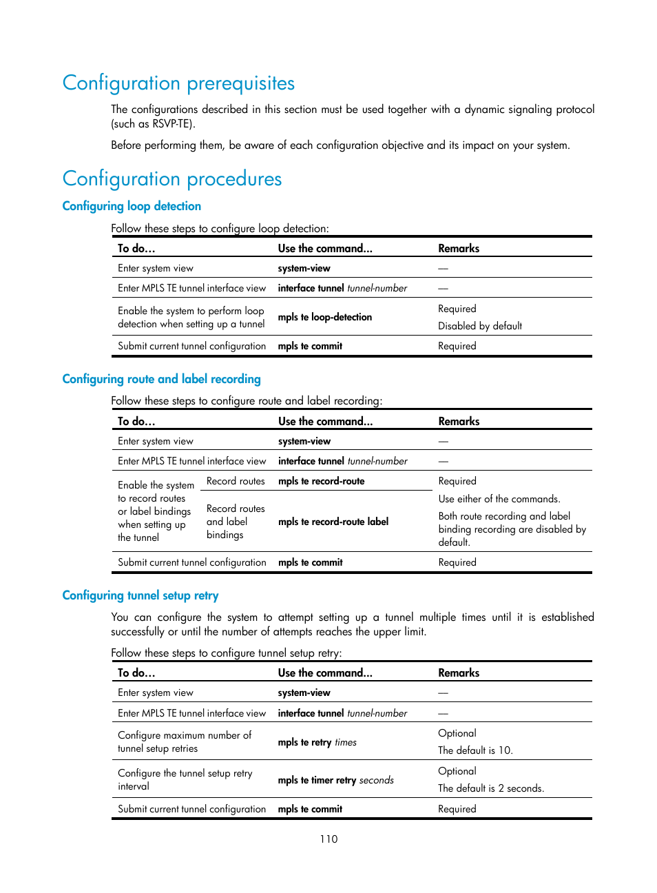 Configuration prerequisites, Configuration procedures, Configuring loop detection | Configuring route and label recording, Configuring tunnel setup retry | H3C Technologies H3C S10500 Series Switches User Manual | Page 121 / 395