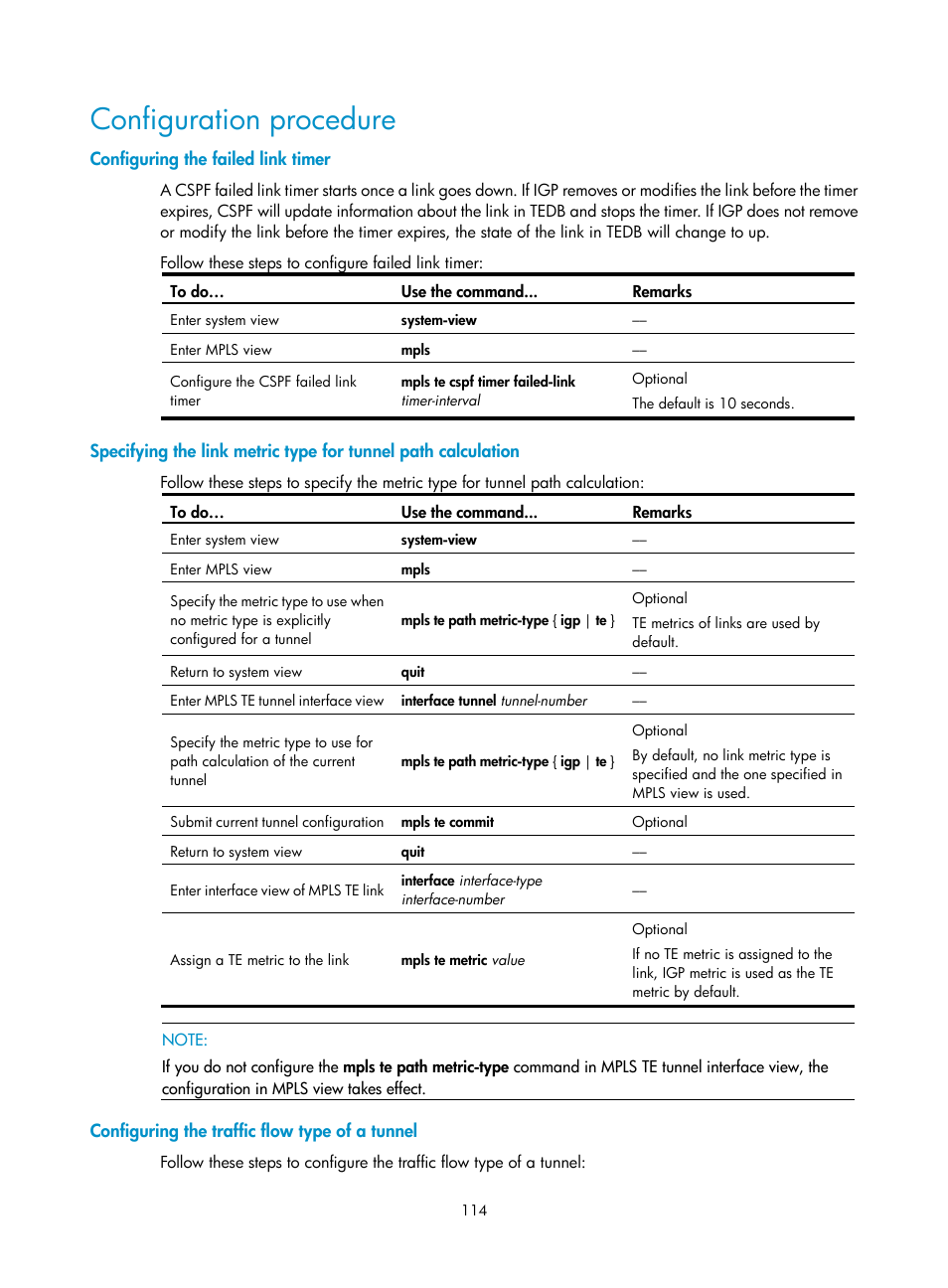 Configuration procedure, Configuring the failed link timer, Configuring the traffic flow type of a tunnel | H3C Technologies H3C S10500 Series Switches User Manual | Page 125 / 395