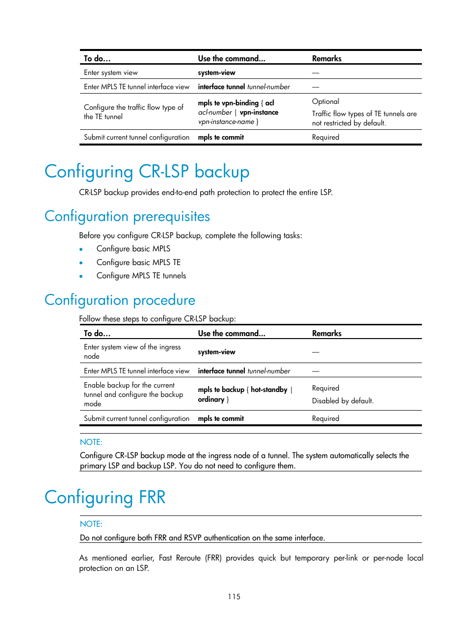 Configuring cr-lsp backup, Configuration prerequisites, Configuration procedure | Configuring frr | H3C Technologies H3C S10500 Series Switches User Manual | Page 126 / 395