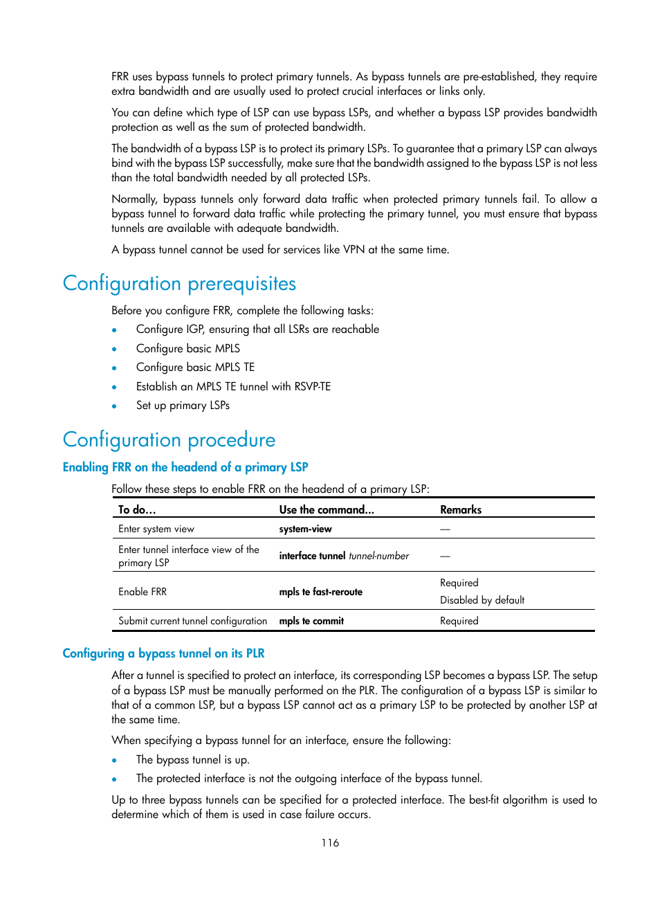 Configuration prerequisites, Configuration procedure, Enabling frr on the headend of a primary lsp | Configuring a bypass tunnel on its plr | H3C Technologies H3C S10500 Series Switches User Manual | Page 127 / 395