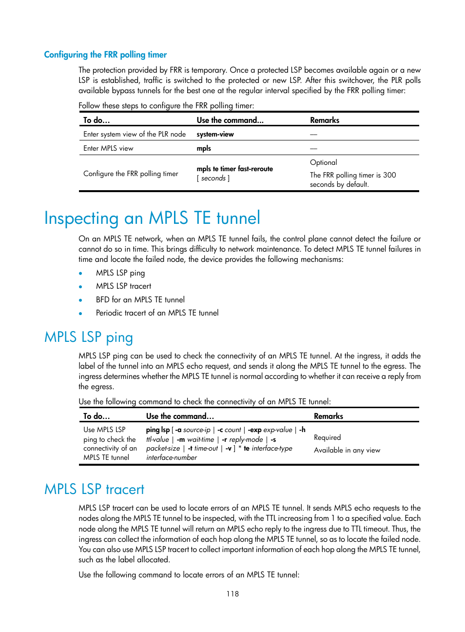 Configuring the frr polling timer, Inspecting an mpls te tunnel, Mpls lsp ping | Mpls lsp tracert | H3C Technologies H3C S10500 Series Switches User Manual | Page 129 / 395
