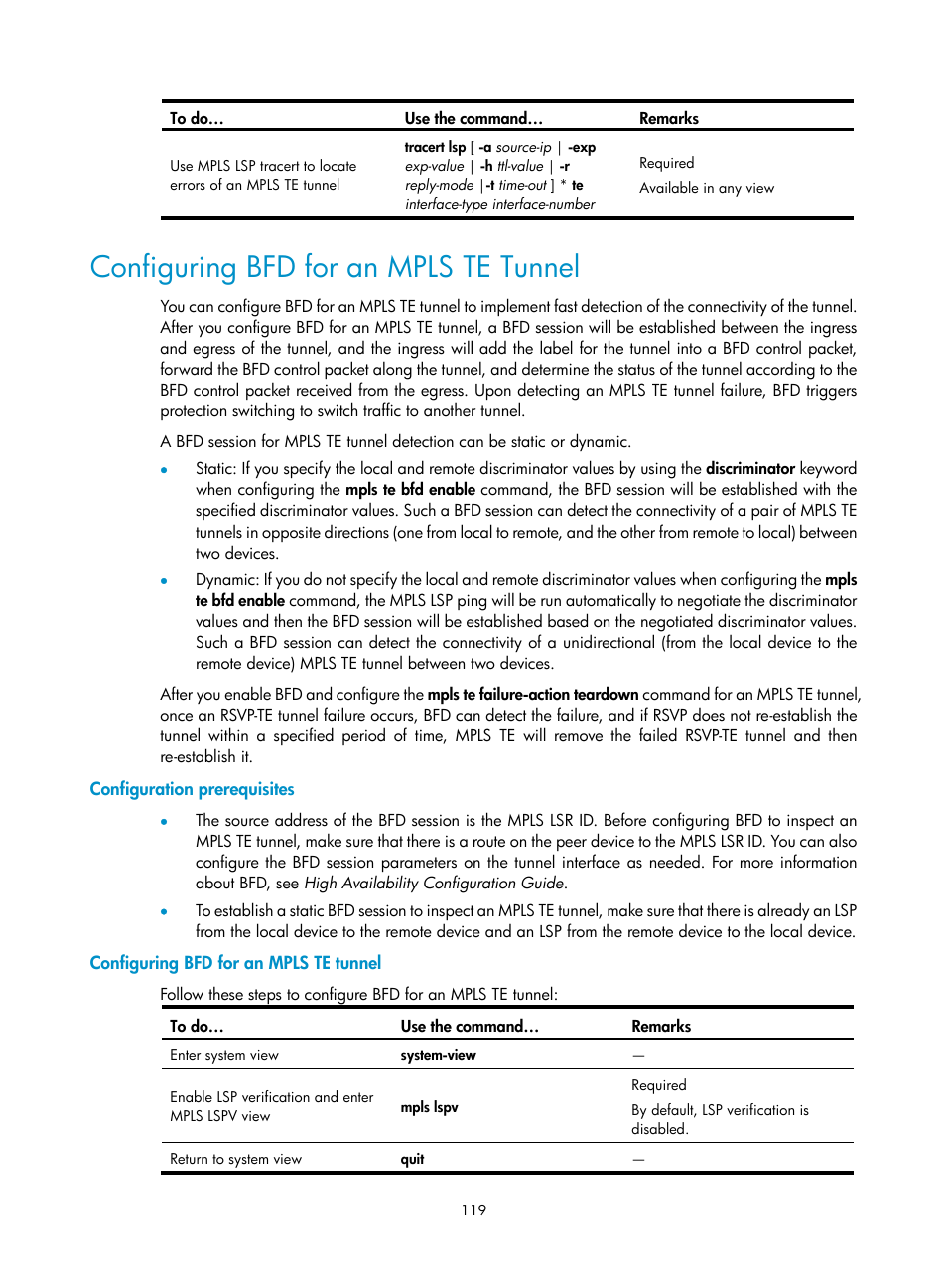Configuring bfd for an mpls te tunnel, Configuration prerequisites | H3C Technologies H3C S10500 Series Switches User Manual | Page 130 / 395