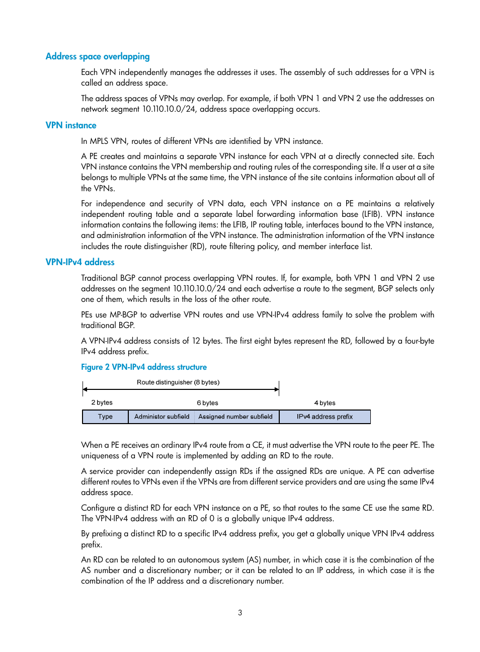 Address space overlapping, Vpn instance, Vpn-ipv4 address | H3C Technologies H3C S10500 Series Switches User Manual | Page 14 / 395
