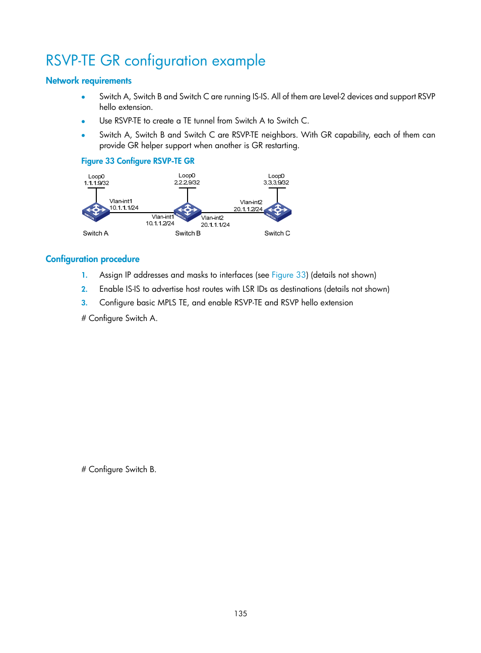 Rsvp-te gr configuration example, Network requirements, Configuration procedure | H3C Technologies H3C S10500 Series Switches User Manual | Page 146 / 395