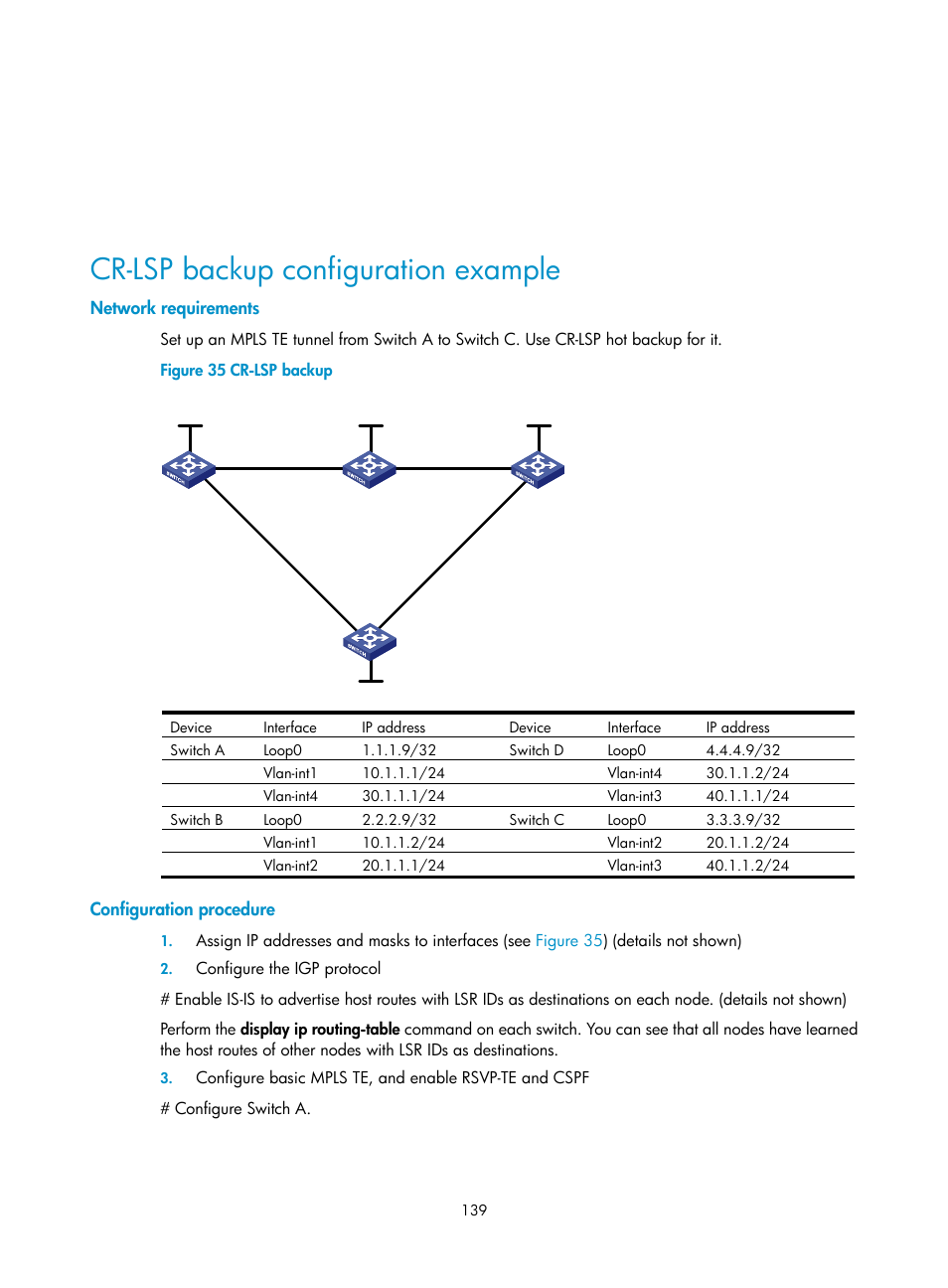 Cr-lsp backup configuration example, Network requirements, Configuration procedure | H3C Technologies H3C S10500 Series Switches User Manual | Page 150 / 395