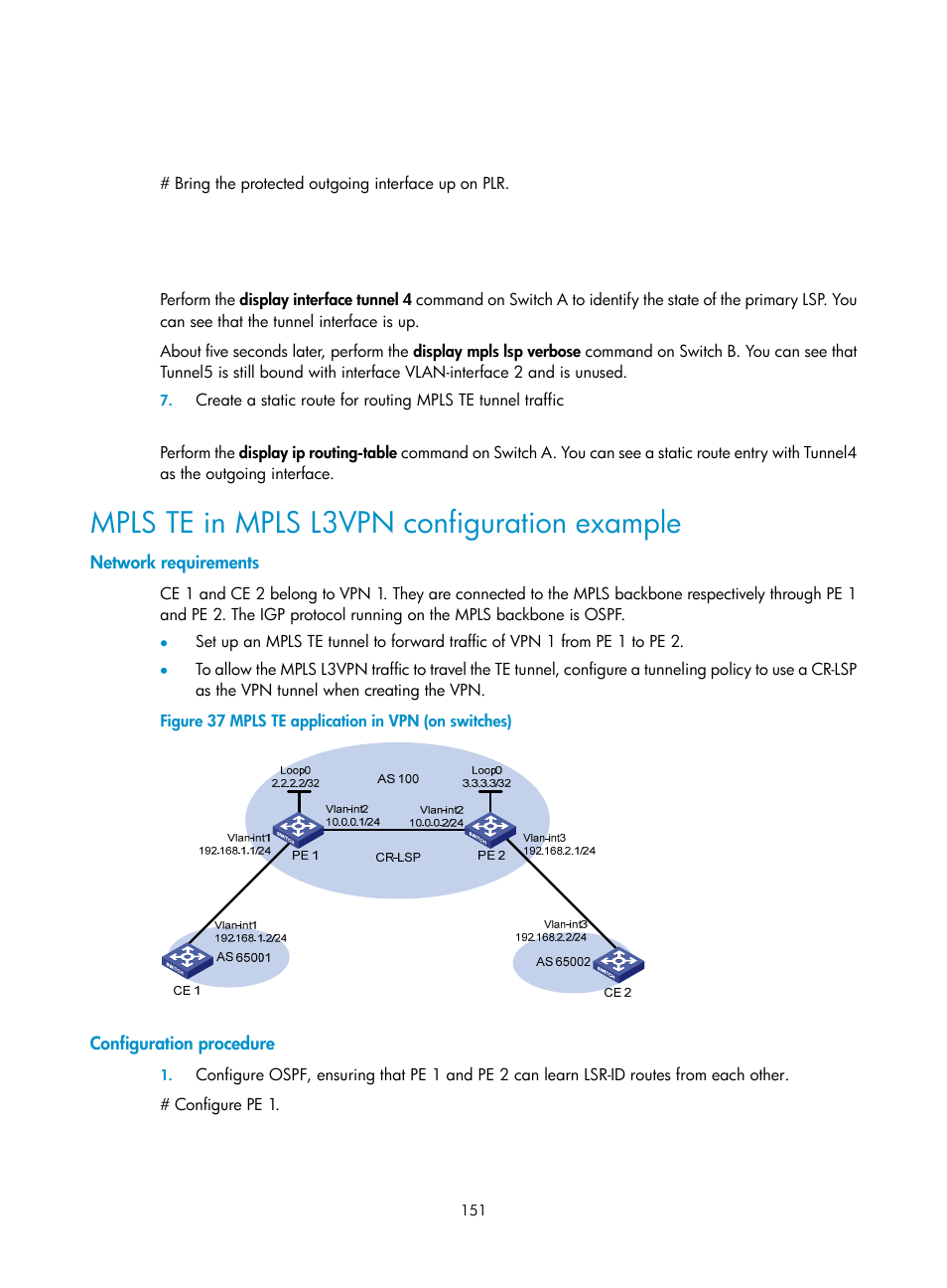 Mpls te in mpls l3vpn configuration example, Network requirements, Configuration procedure | H3C Technologies H3C S10500 Series Switches User Manual | Page 162 / 395