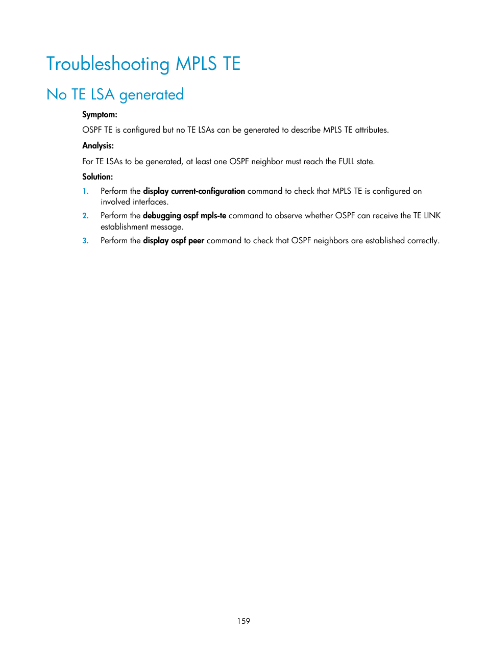 Troubleshooting mpls te, No te lsa generated | H3C Technologies H3C S10500 Series Switches User Manual | Page 170 / 395
