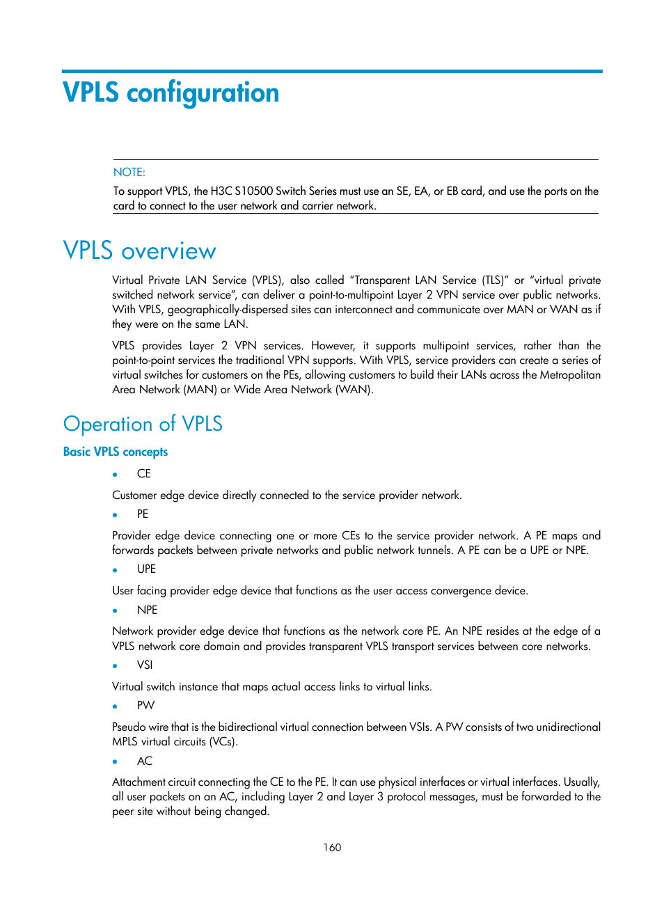 Vpls configuration, Vpls overview, Operation of vpls | Basic vpls concepts | H3C Technologies H3C S10500 Series Switches User Manual | Page 171 / 395