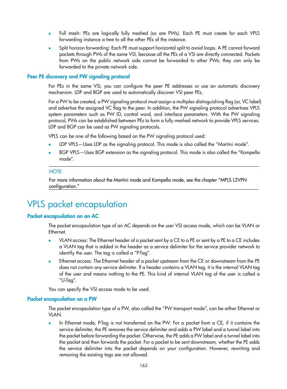 Peer pe discovery and pw signaling protocol, Vpls packet encapsulation, Packet encapsulation on an ac | Packet encapsulation on a pw | H3C Technologies H3C S10500 Series Switches User Manual | Page 174 / 395