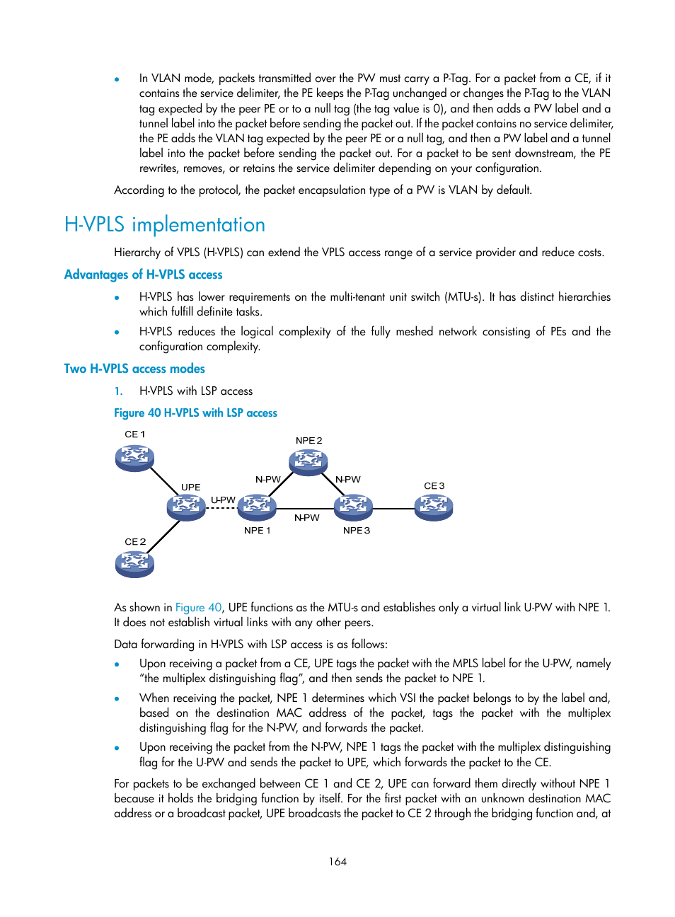 H-vpls implementation, Advantages of h-vpls access, Two h-vpls access modes | H3C Technologies H3C S10500 Series Switches User Manual | Page 175 / 395