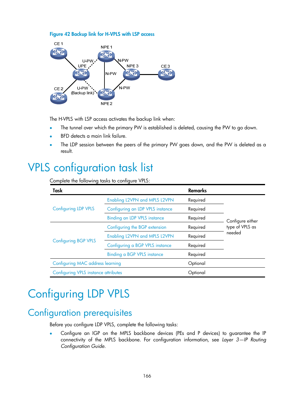 Vpls configuration task list, Configuring ldp vpls, Configuration prerequisites | H3C Technologies H3C S10500 Series Switches User Manual | Page 177 / 395