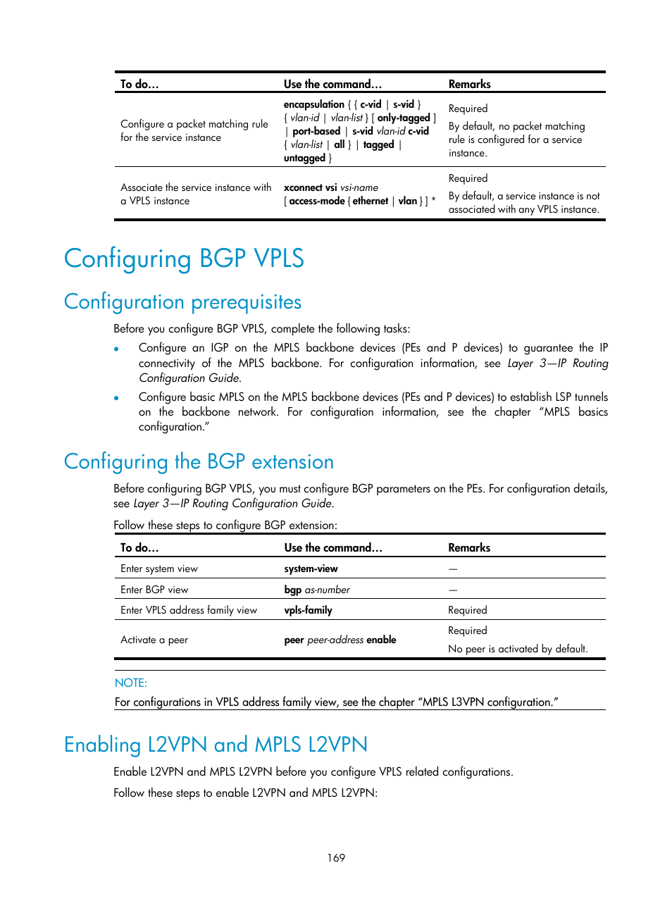 Configuring bgp vpls, Configuration prerequisites, Configuring the bgp extension | Enabling l2vpn and mpls l2vpn | H3C Technologies H3C S10500 Series Switches User Manual | Page 180 / 395