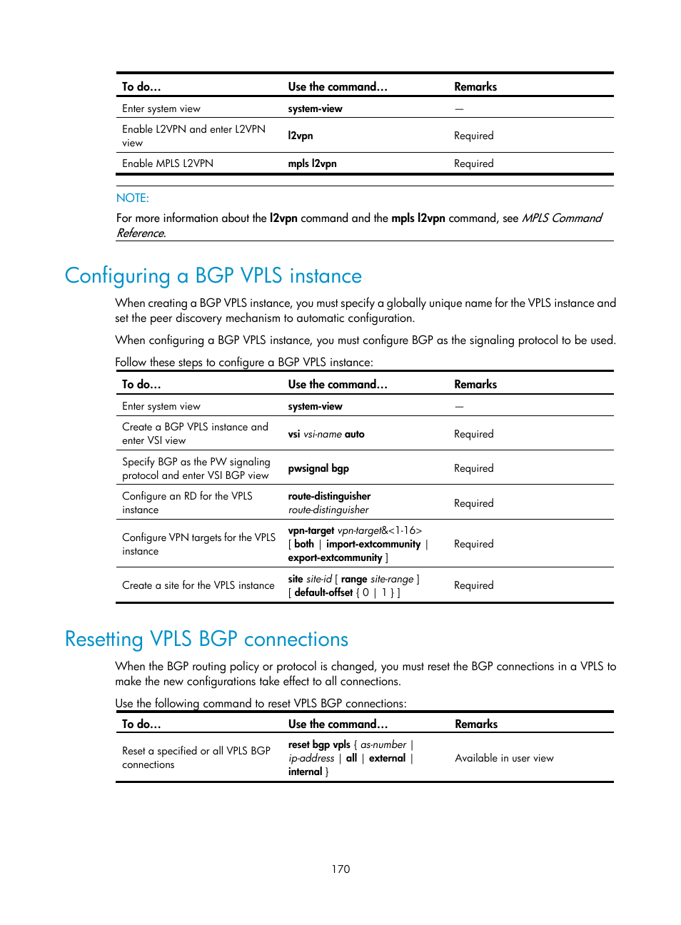 Configuring a bgp vpls instance, Resetting vpls bgp connections | H3C Technologies H3C S10500 Series Switches User Manual | Page 181 / 395