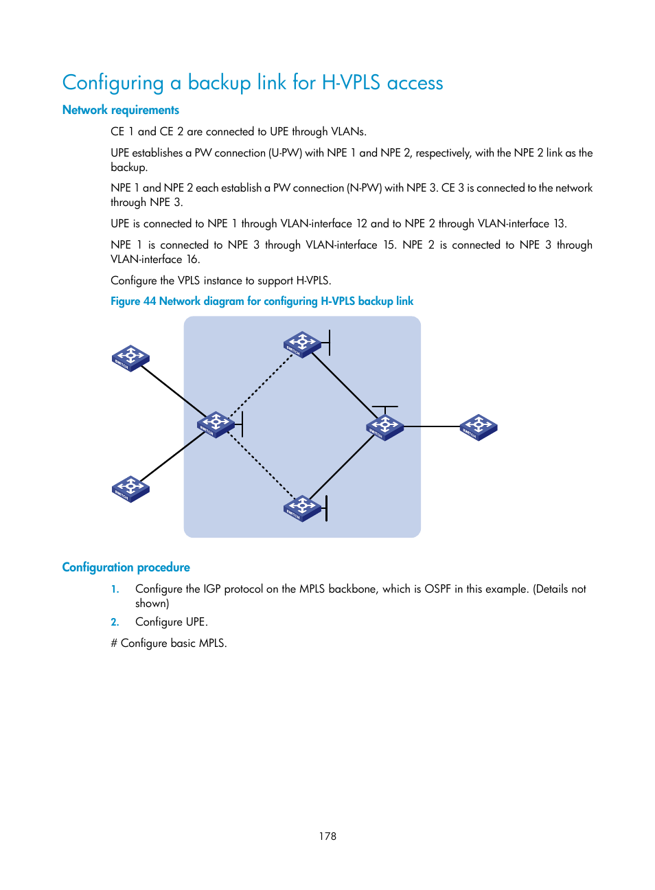 Configuring a backup link for h-vpls access, Network requirements, Configuration procedure | H3C Technologies H3C S10500 Series Switches User Manual | Page 189 / 395