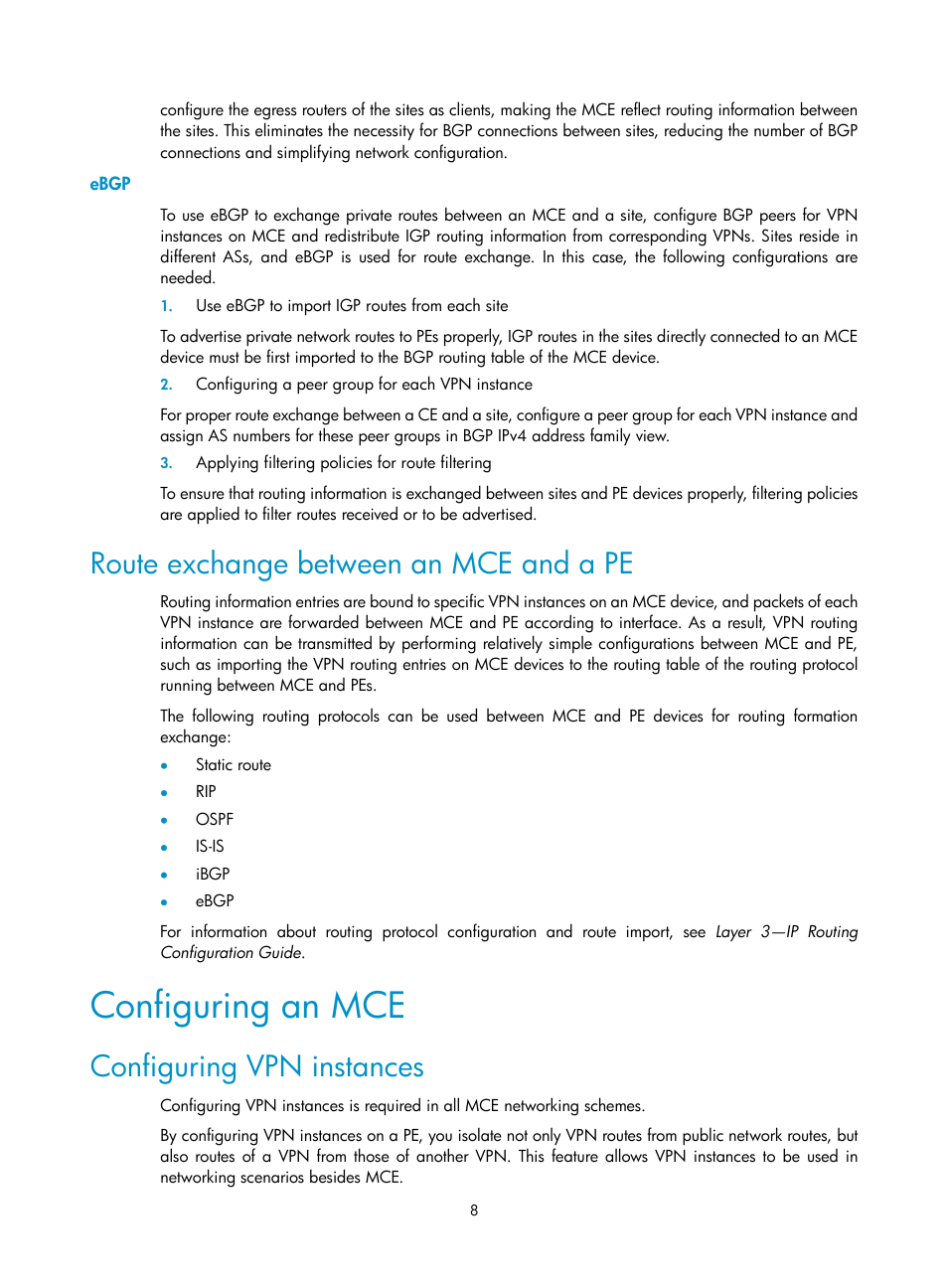 Ebgp, Route exchange between an mce and a pe, Configuring an mce | Configuring vpn instances | H3C Technologies H3C S10500 Series Switches User Manual | Page 19 / 395