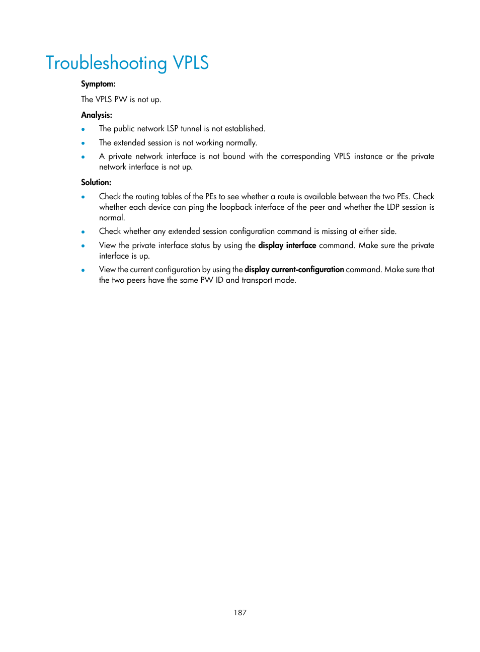 Troubleshooting vpls | H3C Technologies H3C S10500 Series Switches User Manual | Page 198 / 395