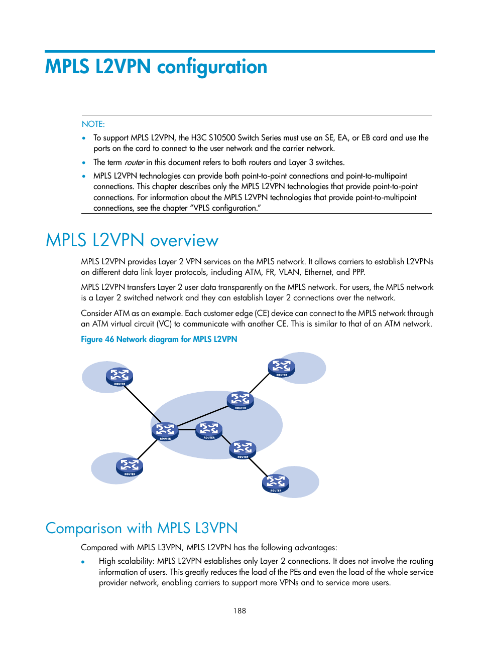 Mpls l2vpn configuration, Mpls l2vpn overview, Comparison with mpls l3vpn | H3C Technologies H3C S10500 Series Switches User Manual | Page 199 / 395