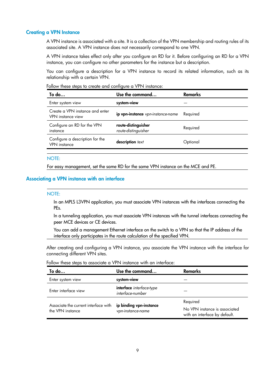 Creating a vpn instance, Associating a vpn instance with an interface | H3C Technologies H3C S10500 Series Switches User Manual | Page 20 / 395