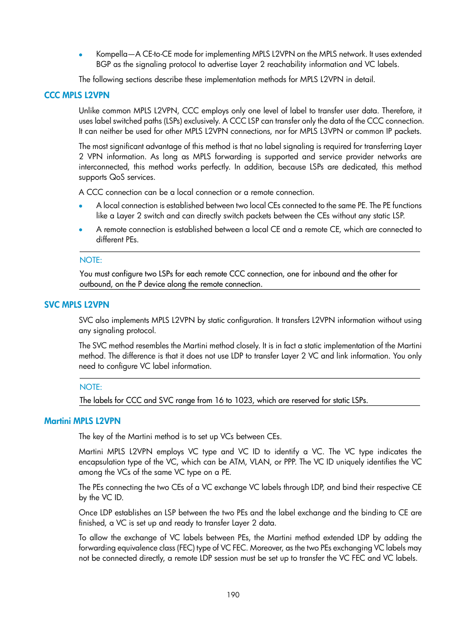 Ccc mpls l2vpn, Svc mpls l2vpn, Martini mpls l2vpn | H3C Technologies H3C S10500 Series Switches User Manual | Page 201 / 395