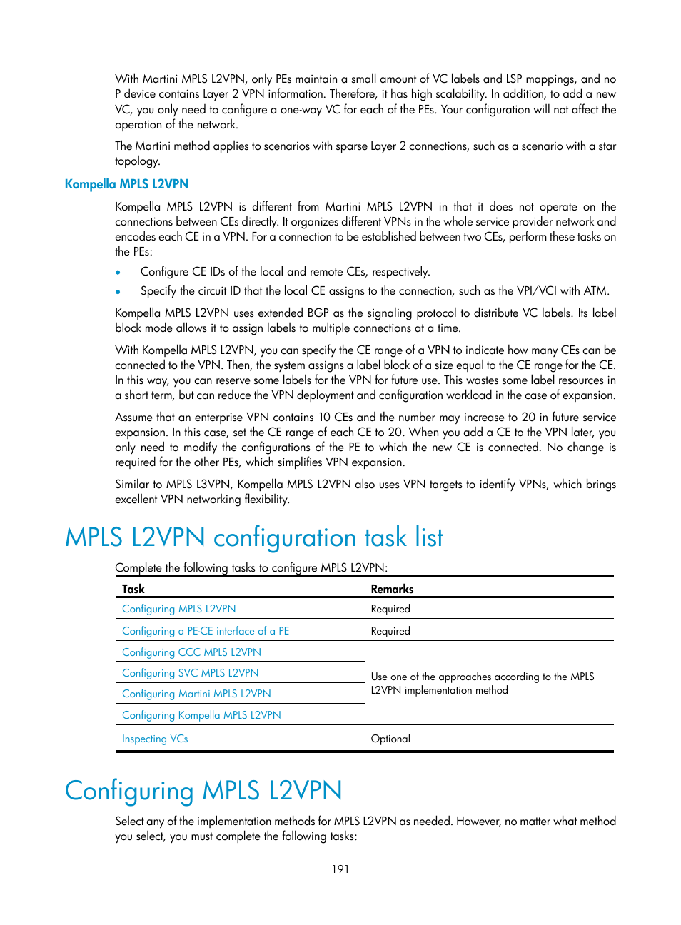 Kompella mpls l2vpn, Mpls l2vpn configuration task list, Configuring mpls l2vpn | H3C Technologies H3C S10500 Series Switches User Manual | Page 202 / 395