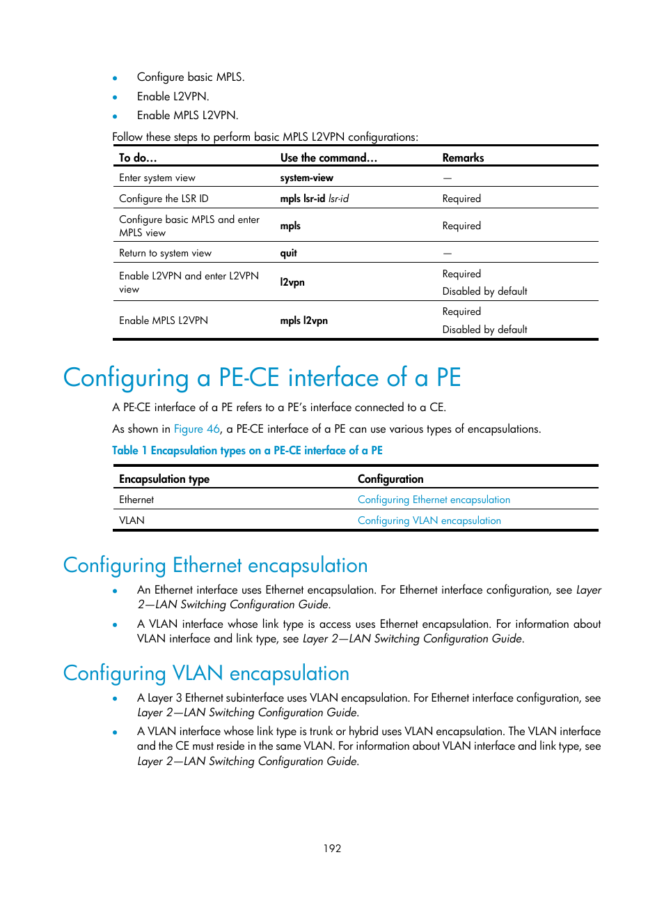 Configuring a pe-ce interface of a pe, Configuring ethernet encapsulation, Configuring vlan encapsulation | H3C Technologies H3C S10500 Series Switches User Manual | Page 203 / 395