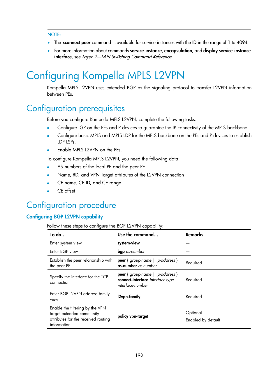 Configuring kompella mpls l2vpn, Configuration prerequisites, Configuration procedure | Configuring bgp l2vpn capability | H3C Technologies H3C S10500 Series Switches User Manual | Page 209 / 395