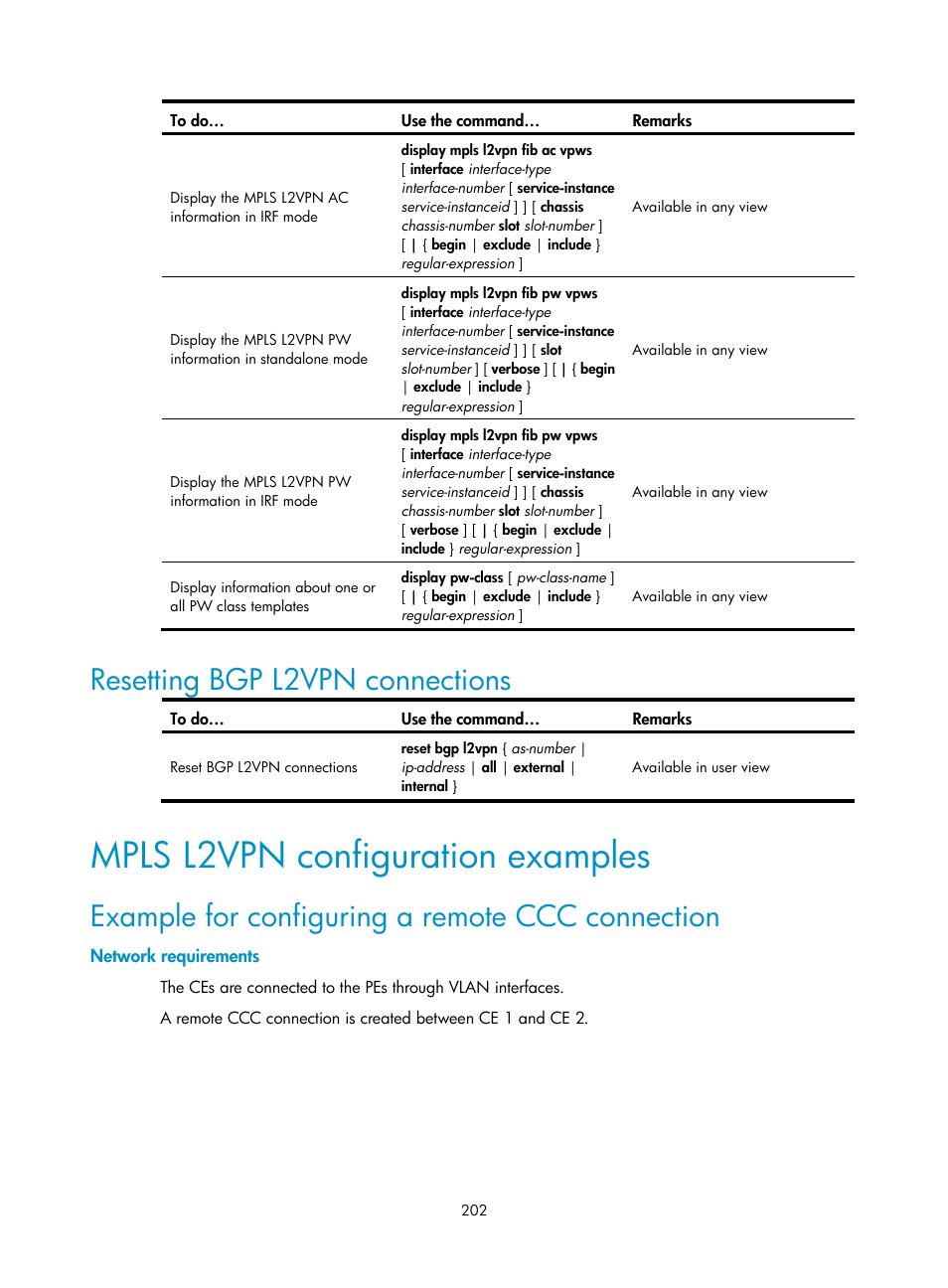 Resetting bgp l2vpn connections, Mpls l2vpn configuration examples, Example for configuring a remote ccc connection | Network requirements | H3C Technologies H3C S10500 Series Switches User Manual | Page 213 / 395