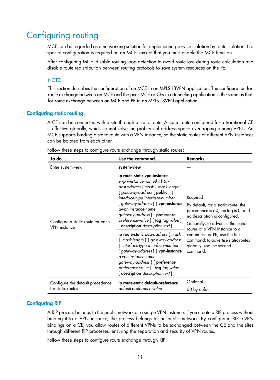 Configuring routing, Configuring static routing, Configuring rip | H3C Technologies H3C S10500 Series Switches User Manual | Page 22 / 395