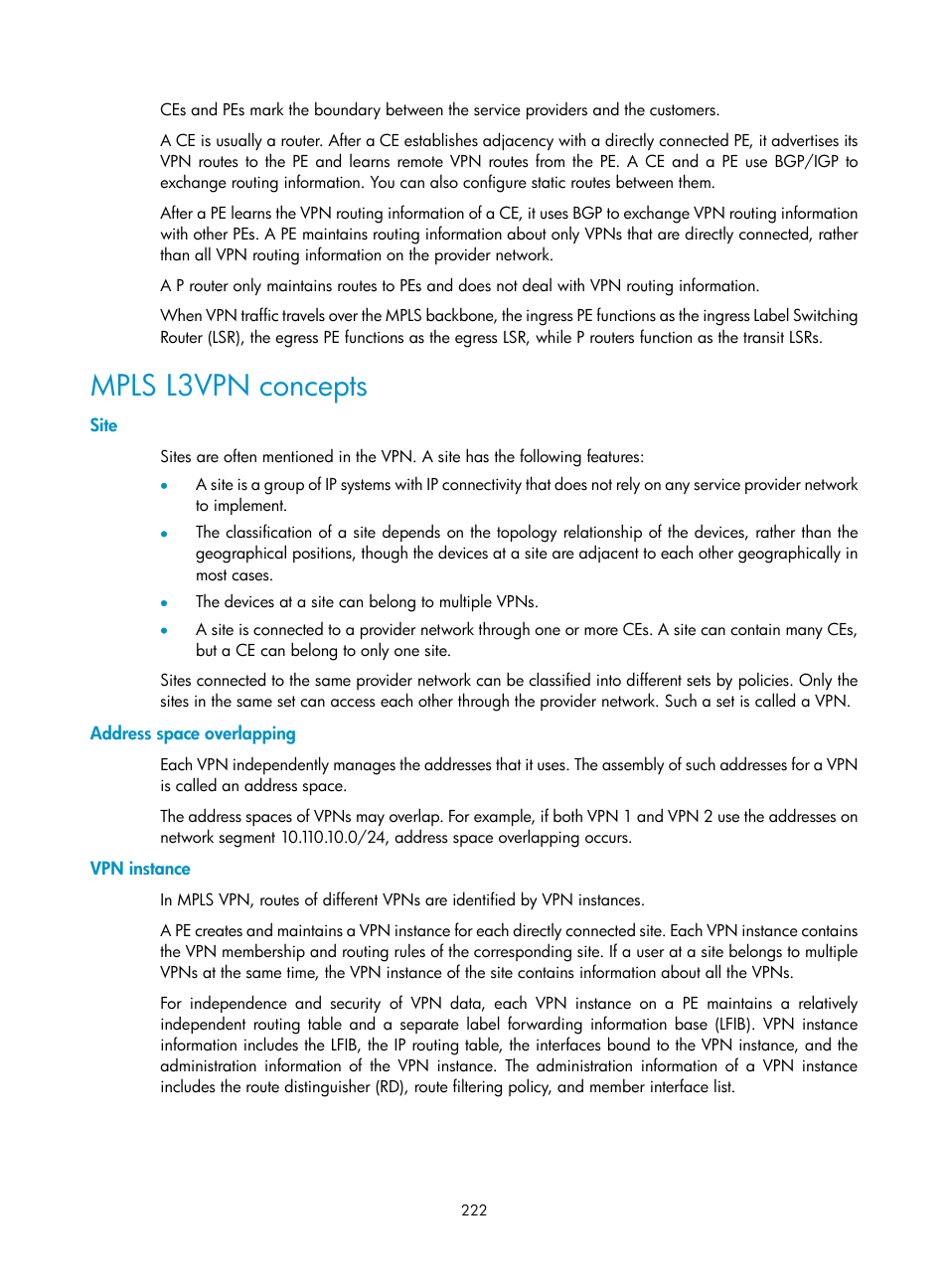 Mpls l3vpn concepts, Site, Address space overlapping | Vpn instance | H3C Technologies H3C S10500 Series Switches User Manual | Page 233 / 395