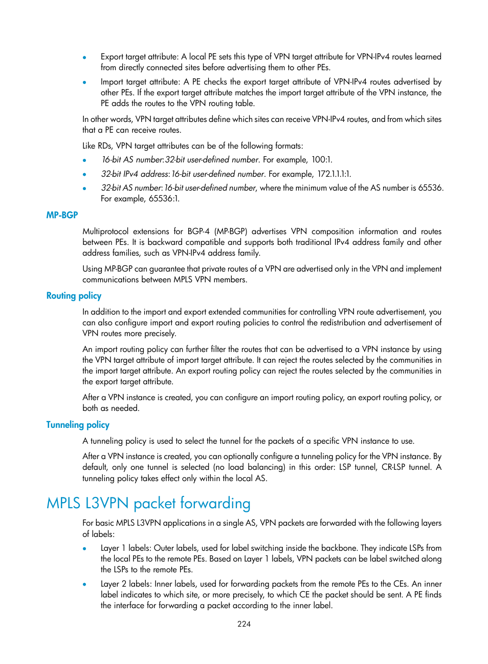 Mp-bgp, Routing policy, Tunneling policy | Mpls l3vpn packet forwarding | H3C Technologies H3C S10500 Series Switches User Manual | Page 235 / 395
