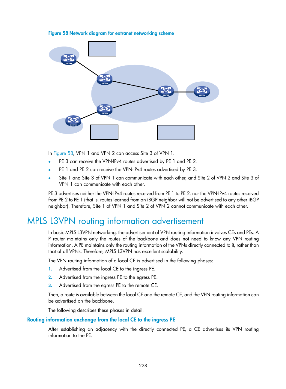 Mpls l3vpn routing information advertisement | H3C Technologies H3C S10500 Series Switches User Manual | Page 239 / 395