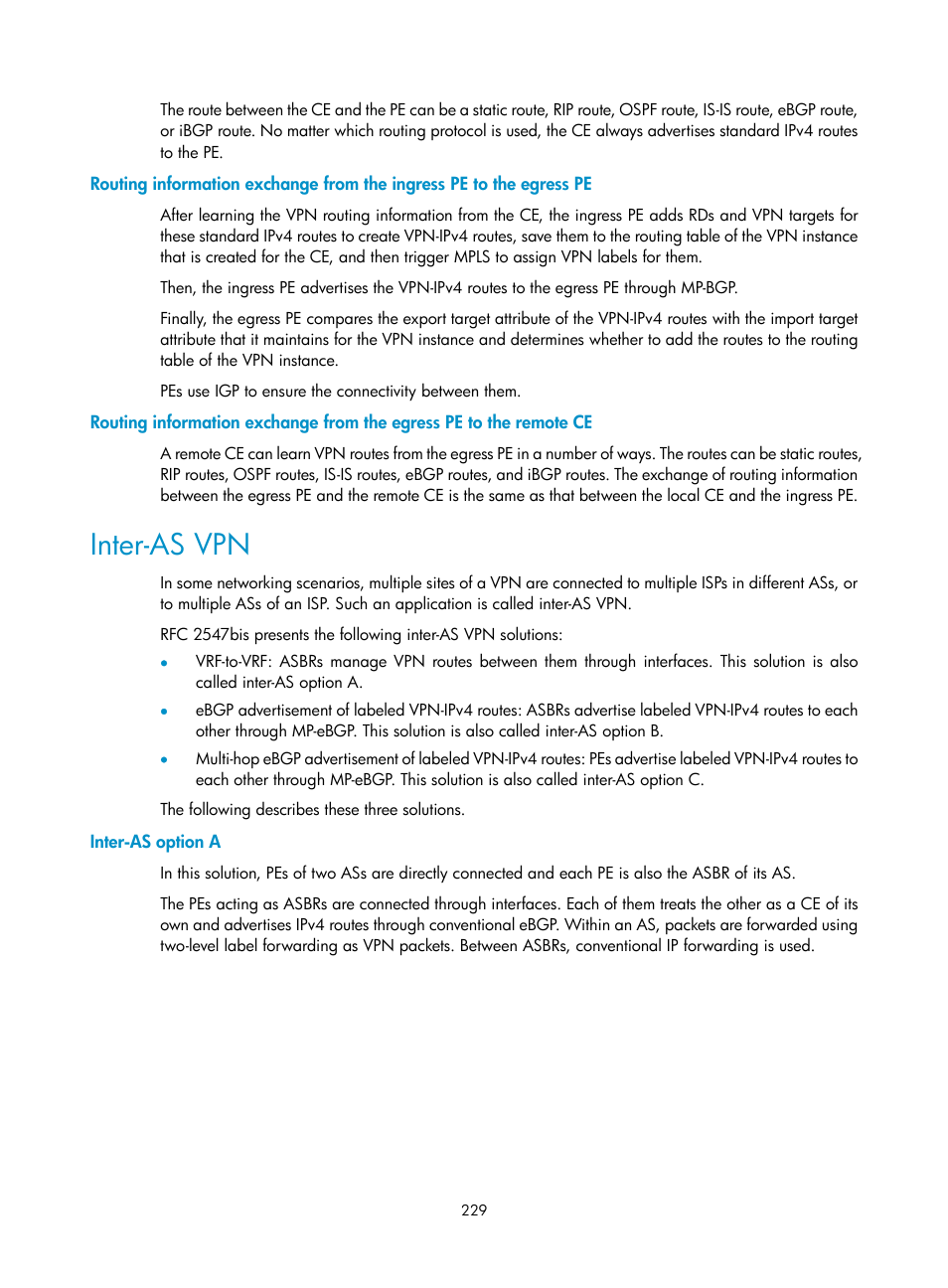 Inter-as vpn, Inter-as option a | H3C Technologies H3C S10500 Series Switches User Manual | Page 240 / 395