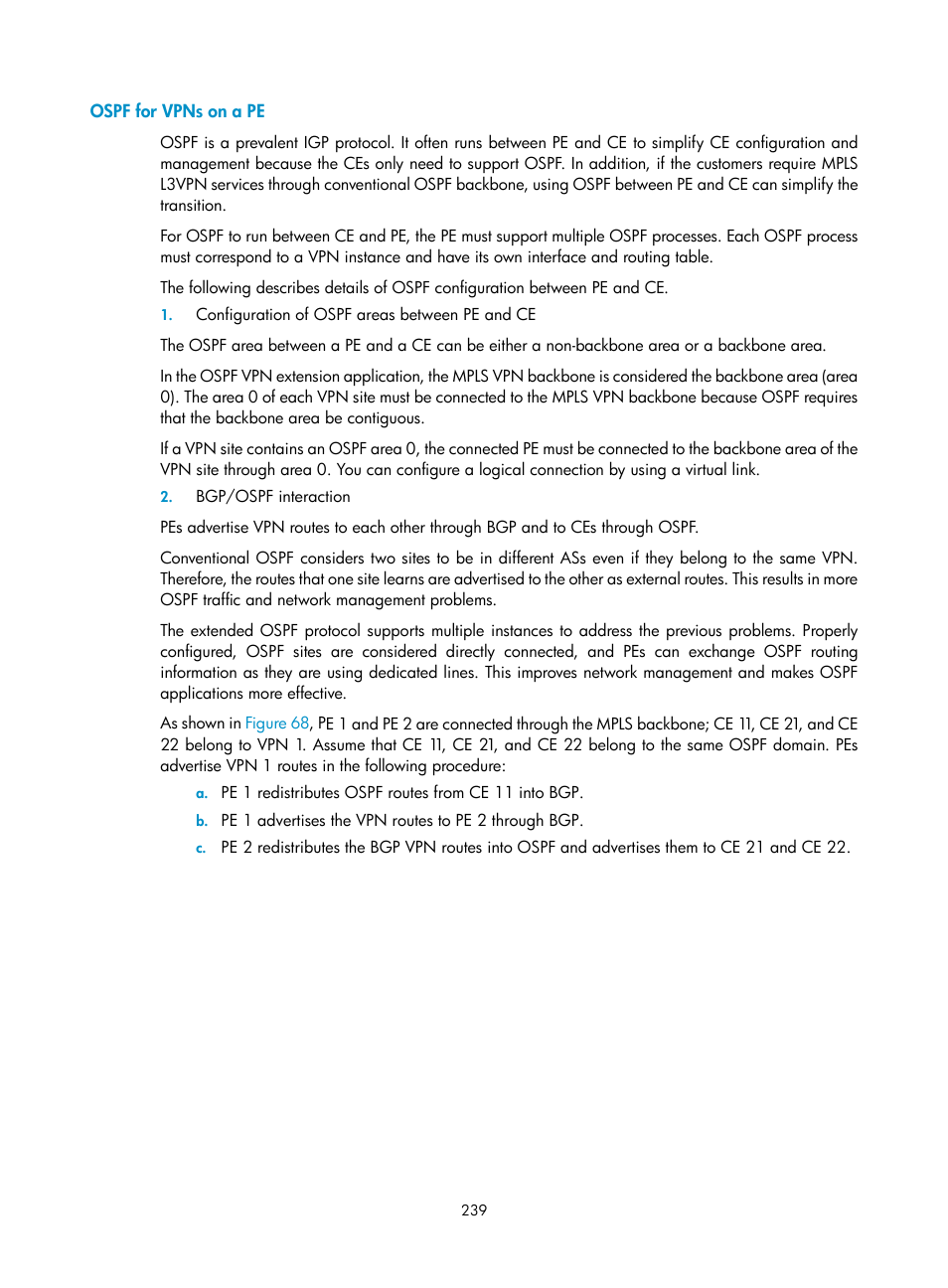Ospf for vpns on a pe | H3C Technologies H3C S10500 Series Switches User Manual | Page 250 / 395