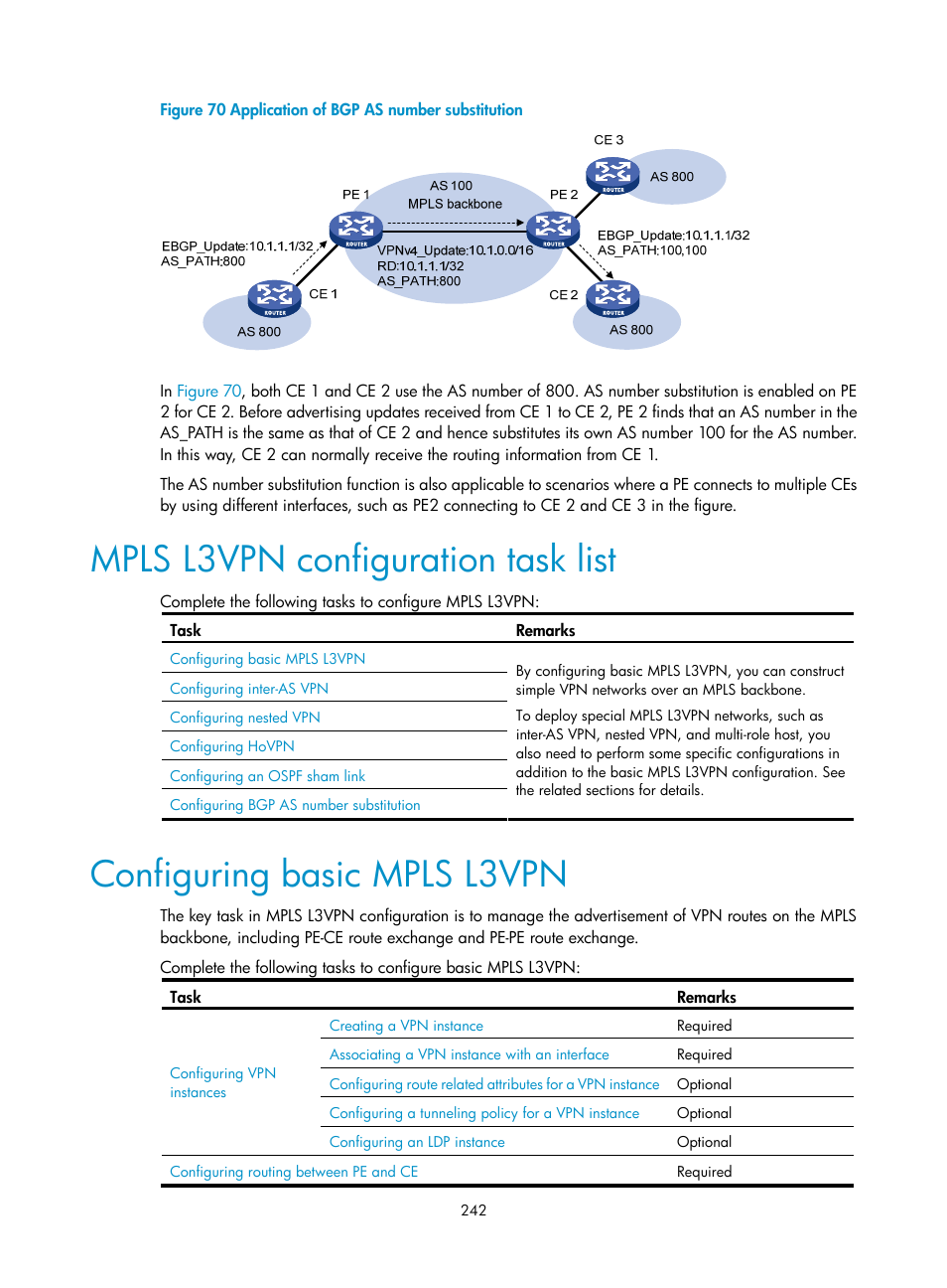 Mpls l3vpn configuration task list, Configuring basic mpls l3vpn | H3C Technologies H3C S10500 Series Switches User Manual | Page 253 / 395