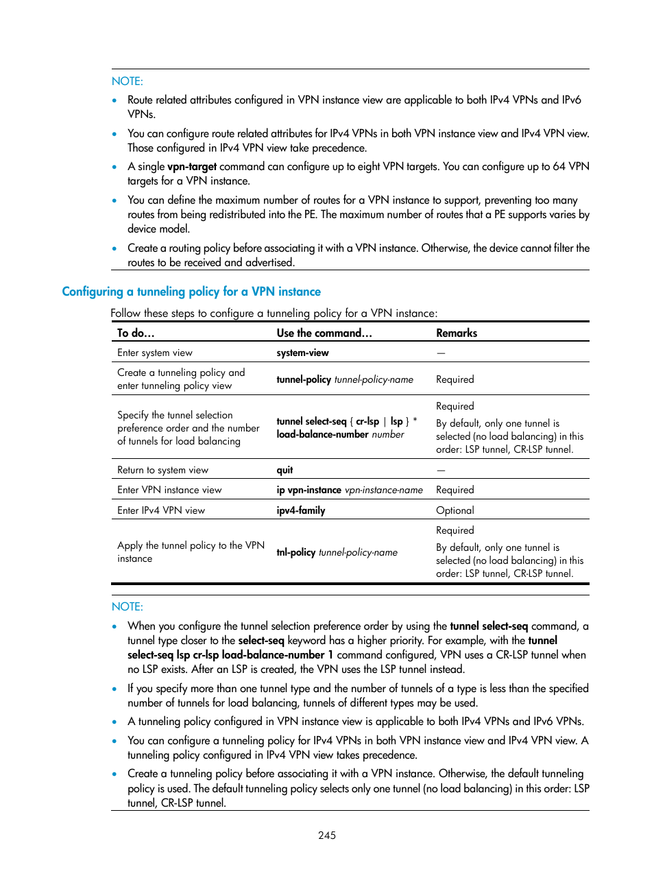 Configuring a tunneling policy for a vpn instance | H3C Technologies H3C S10500 Series Switches User Manual | Page 256 / 395