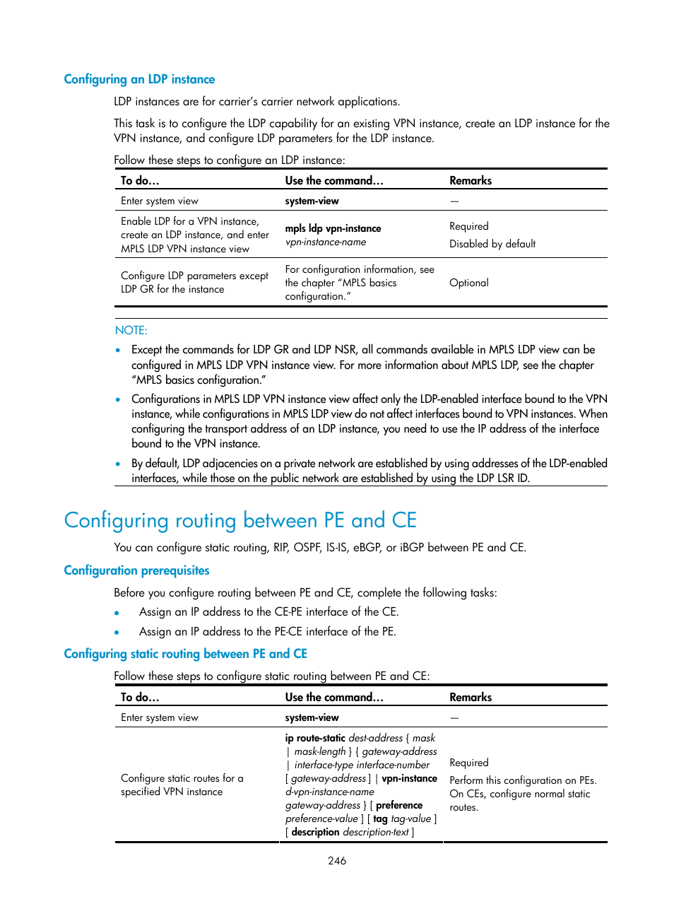 Configuring an ldp instance, Configuring routing between pe and ce, Configuration prerequisites | Configuring static routing between pe and ce | H3C Technologies H3C S10500 Series Switches User Manual | Page 257 / 395