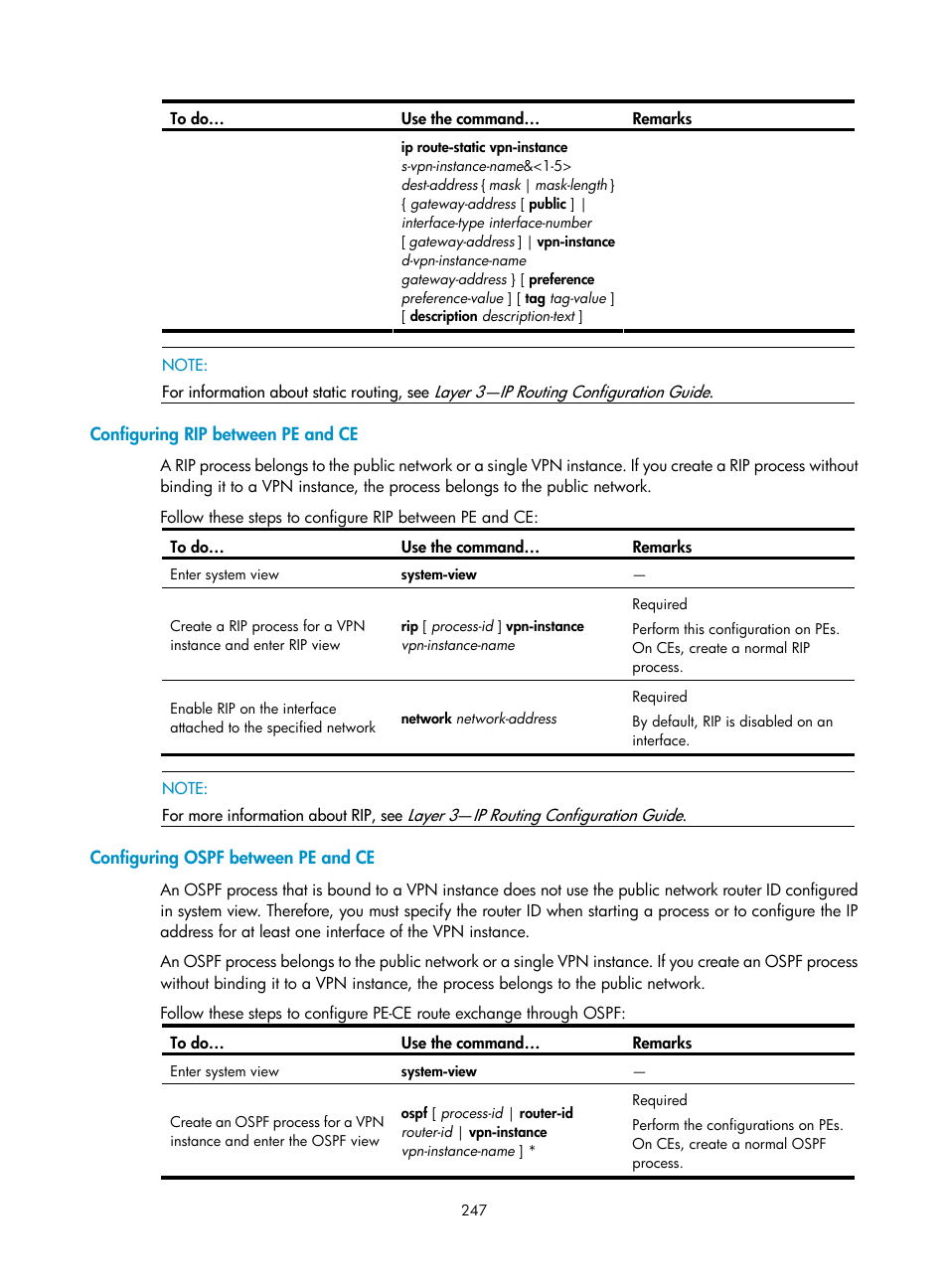 Configuring rip between pe and ce, Configuring ospf between pe and ce | H3C Technologies H3C S10500 Series Switches User Manual | Page 258 / 395