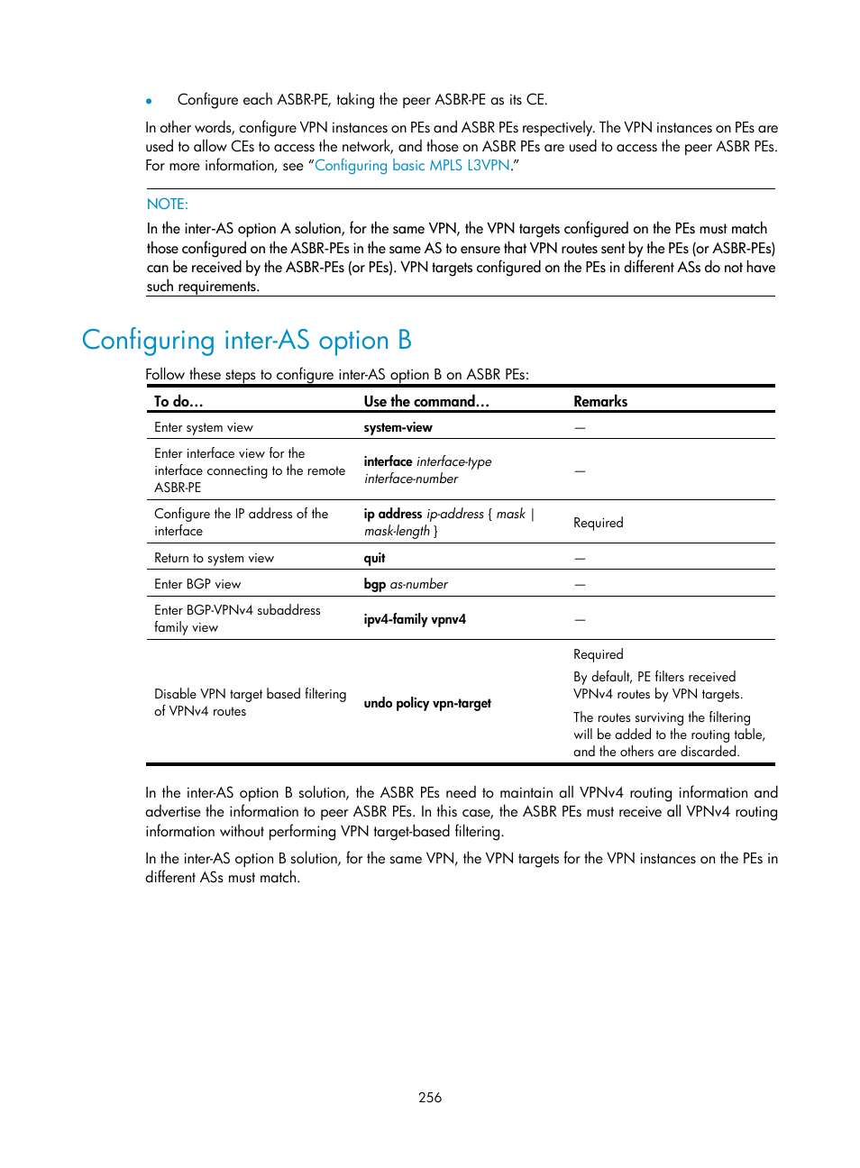 Configuring inter-as option b | H3C Technologies H3C S10500 Series Switches User Manual | Page 267 / 395