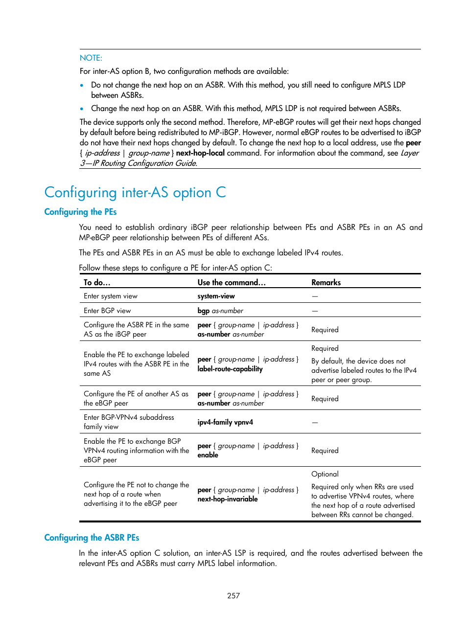 Configuring inter-as option c, Configuring the pes, Configuring the asbr pes | H3C Technologies H3C S10500 Series Switches User Manual | Page 268 / 395