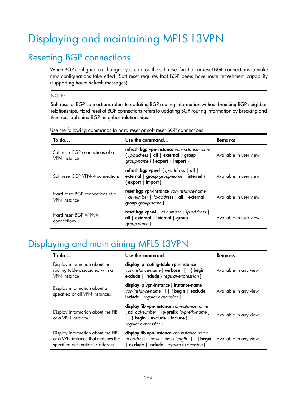 Displaying and maintaining mpls l3vpn, Resetting bgp connections | H3C Technologies H3C S10500 Series Switches User Manual | Page 275 / 395
