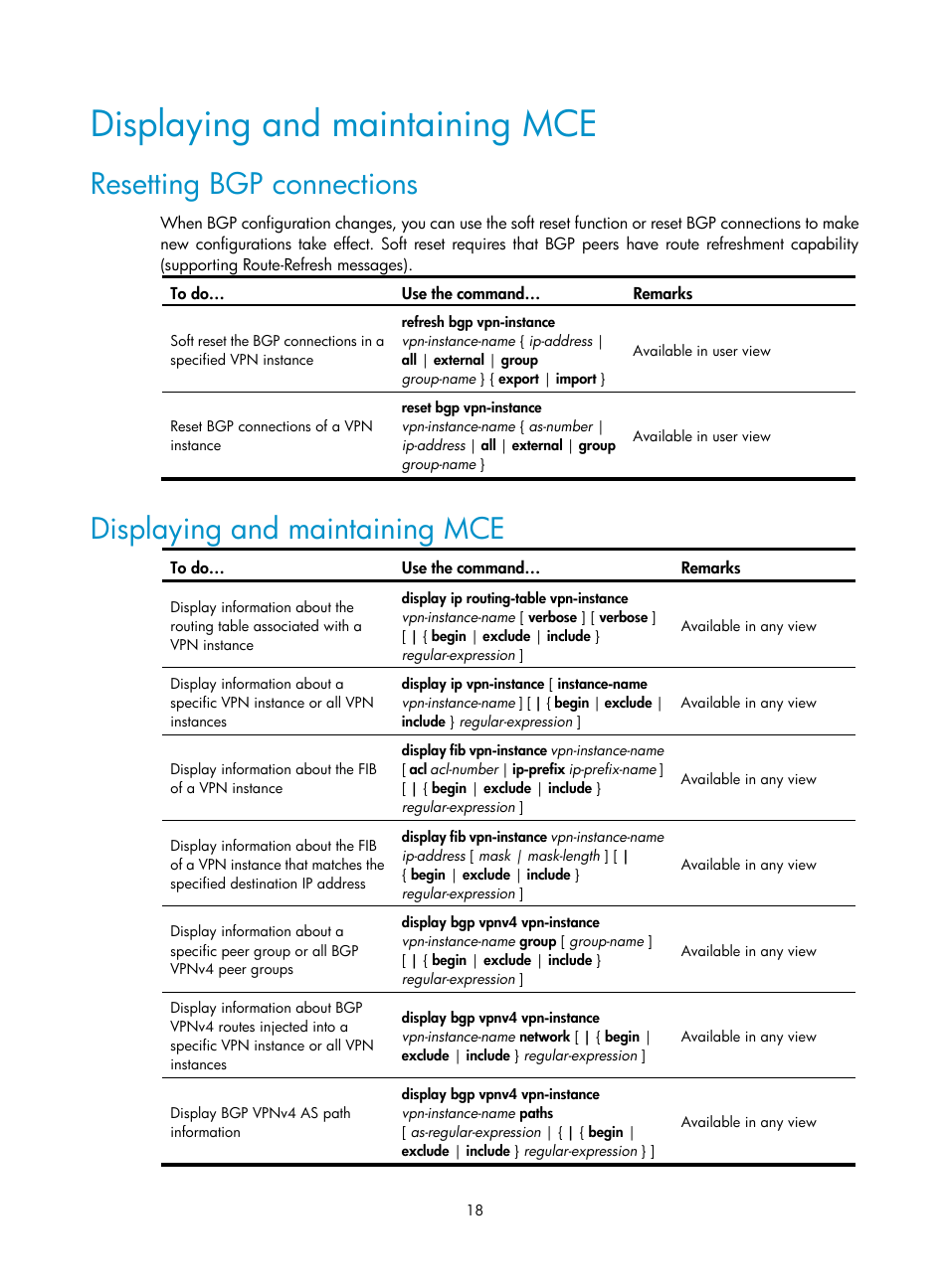 Displaying and maintaining mce, Resetting bgp connections | H3C Technologies H3C S10500 Series Switches User Manual | Page 29 / 395