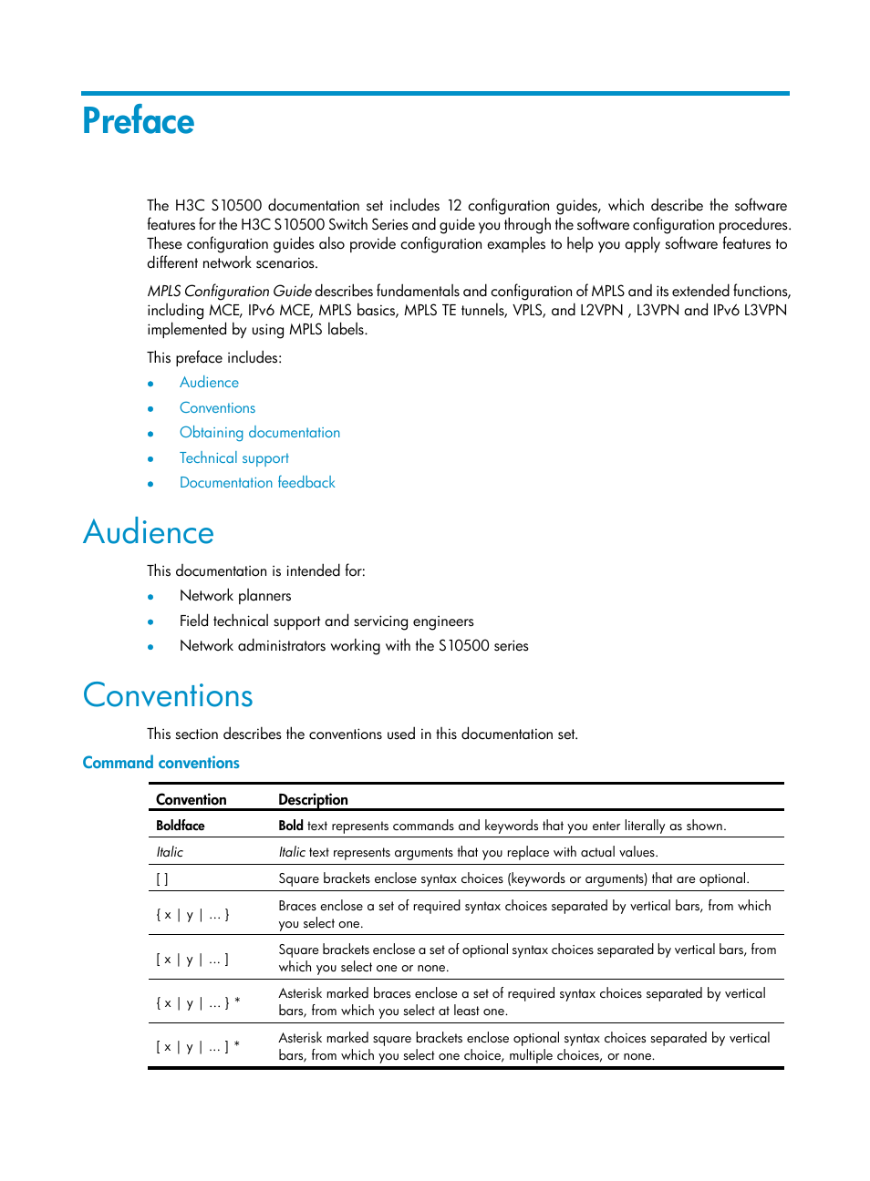Preface, Audience, Conventions | Command conventions | H3C Technologies H3C S10500 Series Switches User Manual | Page 3 / 395